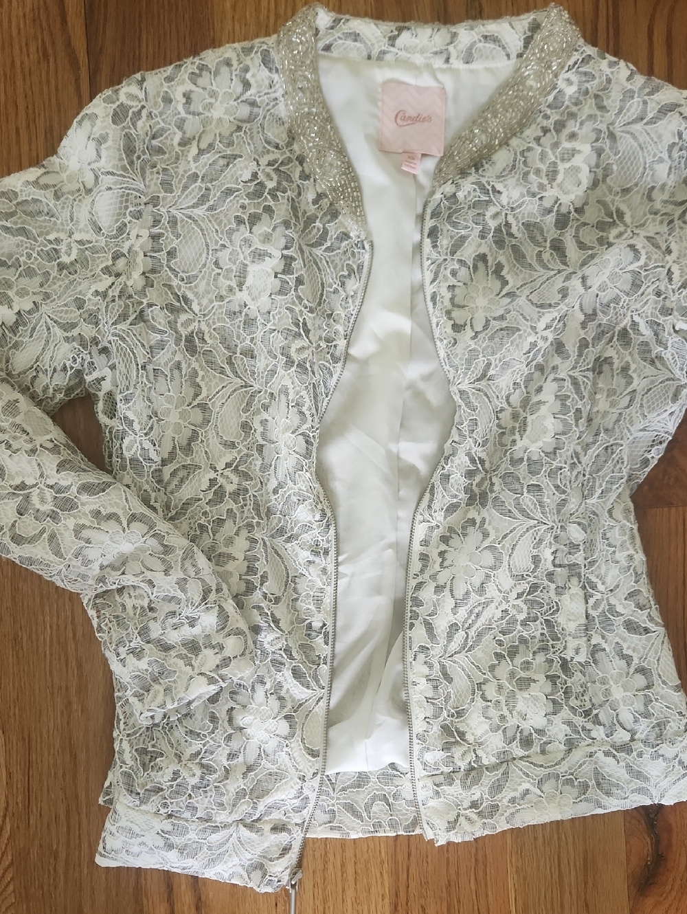 Candie's Ivory Lace Bomber Jacket with Beaded Trim